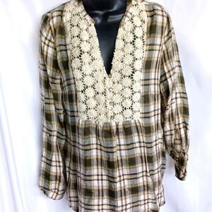 Linda Anderson Green Cream Plaid Floral Lace Tunic Sz S, Gold Thread, 20" PTP